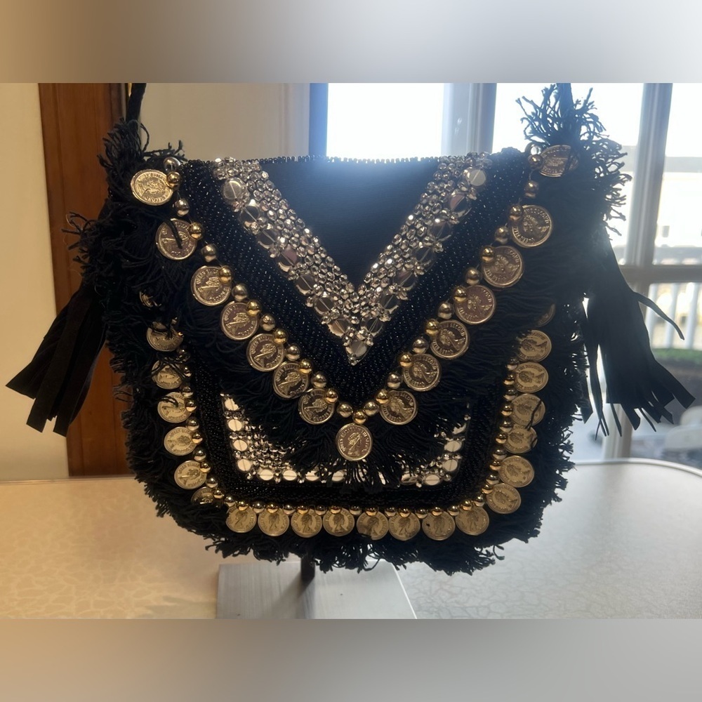 Shashi | Black Metallic Embellished Beaded Shoulder Bag - Picture 14 of 16
